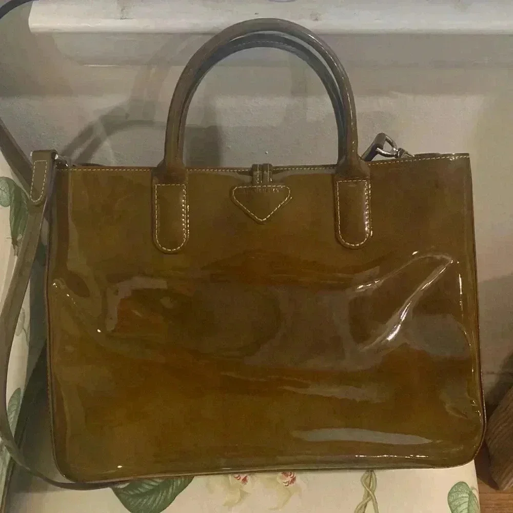 LONGCHAMP Brown Tortoise Patent Leather Large Roseau Toggle Tote
